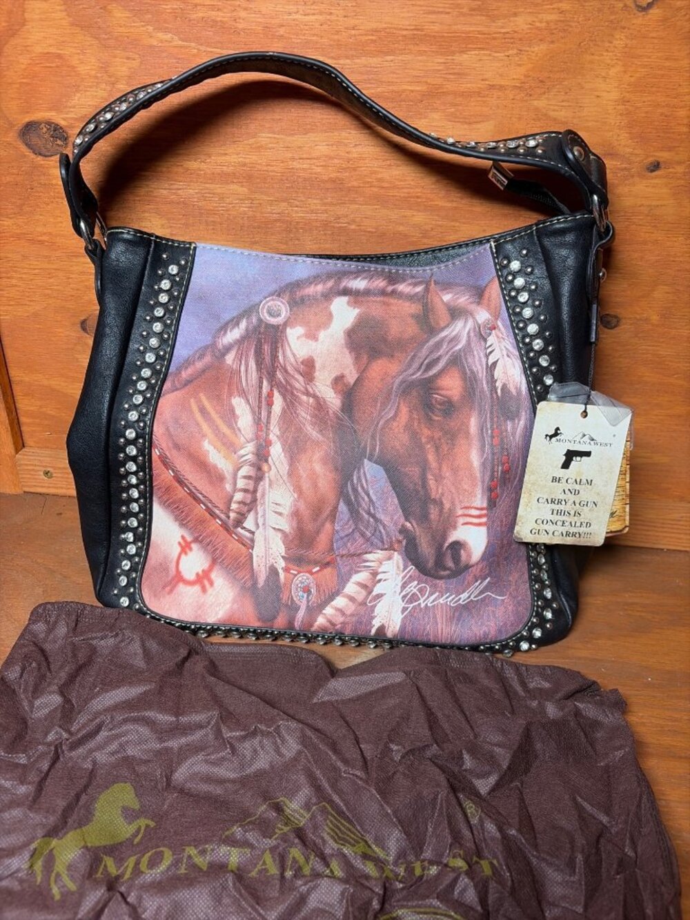 Montana West Horse Art Concealed Carry Purse Faux-Leather Studded Rhinestone